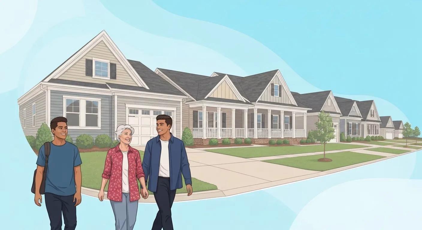 Two men and a woman smiling in front of a house deciding on rent to own options