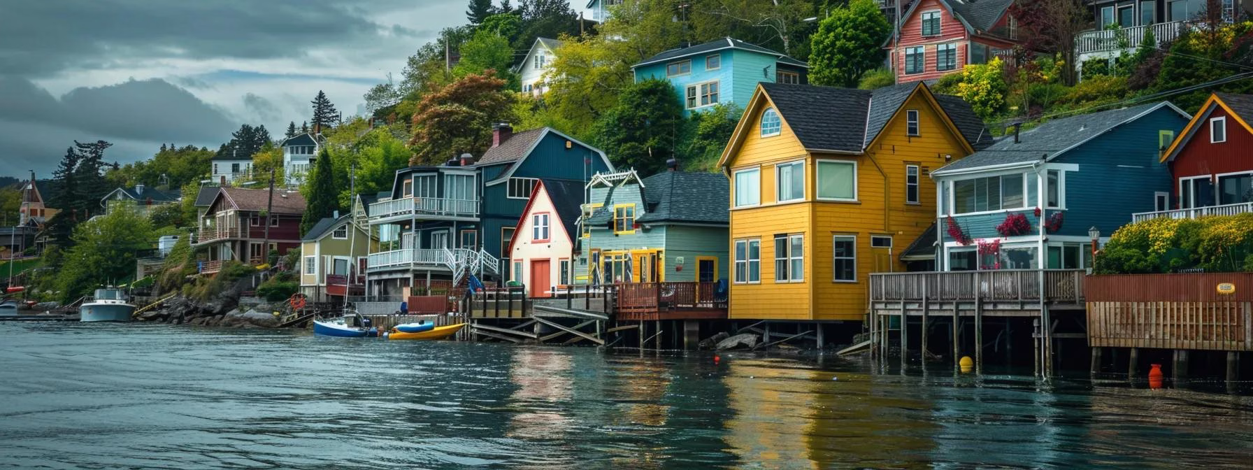Colorful rent to own houses sitting on the edge of a river