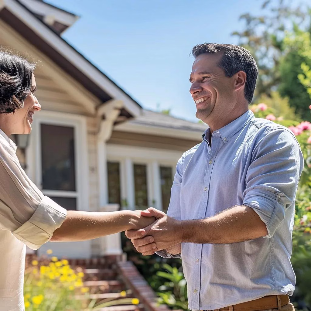 Real estate agent and homeowner shaking hands in front of a house, symbolizing trust in cash home sales